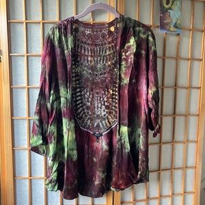 Handmade Tie Dye! M/L/XL Rayon Open Front Kimono Wrap W/ Lace Back